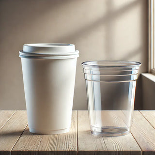 DALL·E 2025-01-16 11.08.30 - A realistic image featuring two types of cups_ white biodegradable cardboard cups with a smooth, clean surface, and transparent PLA cups with a glossy