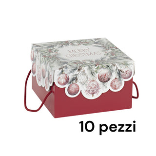 10 Porta Panettoni con Cordini 25x25x16 cm – Rosso e Bianco Merry Christmas