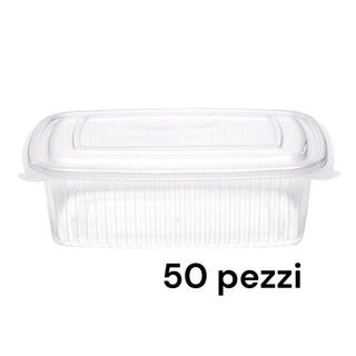 50 Vaschette 1500 cc Rettangolari in PP Trasparente con Coperchio Incernierato