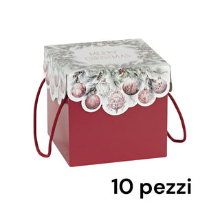 10 Porta Panettoni con Cordini 20x20x19 cm – Rosso e Bianco Merry Christmas